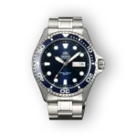 Orient Ray II karóra, fém szíjjal és sötétkék számlappal.