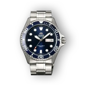 Orient Ray II karóra, fém szíjjal és sötétkék számlappal.