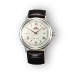 Classic Orient watch featuring a silver dial, Roman numerals, date display, and a brown leather strap. Elegant and timeless design.