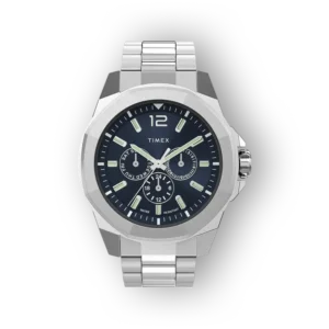 Timex Essential Collection elegáns karóra ezüst szíjjal és sötét számlapjával.