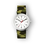 Silver Timex watch with a white face, black numerals, red second hand, and a green camouflage fabric strap on a black background.