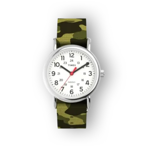 Silver Timex watch with a white face, black numerals, red second hand, and a green camouflage fabric strap on a black background.