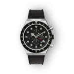 Black dial chronograph watch by Timex, featuring silver-tone case, luminous markers, and a black rubber strap.