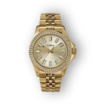 Arany színű Timex Kaia TW2V80000UK női karóra, kristályos részletekkel.
