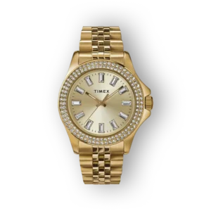 Arany színű Timex Kaia TW2V80000UK női karóra, kristályos részletekkel.