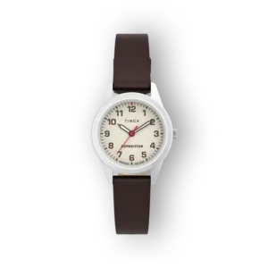Timex Expedition karóra fehér számlappal és barna szíjjal.
