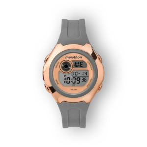 Digitális óra rozéarany színben, szürke szíjjal, Marathon márkával.