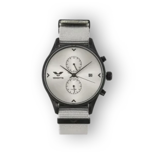 Vendetta VE2003 ezüst színű karóra, időmérő funkcióval és szövetszíjjal.