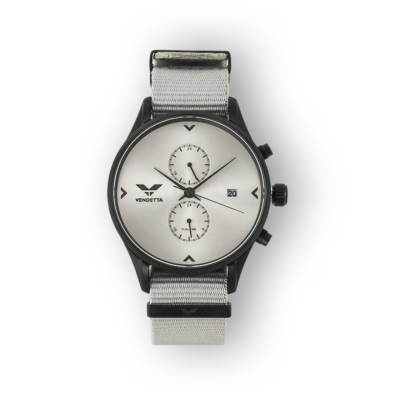 Vendetta VE2003 ezüst színű karóra, időmérő funkcióval és szövetszíjjal.