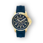 Versus Versace kék szíjú karóra arany tokban és számlapon.