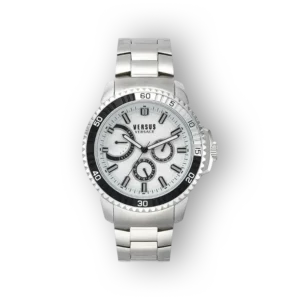 Versus Versace VSPLO0519 karóra ezüst szíjjal és fekete részletekkel.