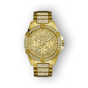 Arany színű Guess karóra, Swarovski kövekkel díszítve, sportos dizájnnal és férfi stílussal.