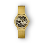 Arany színű Guess óra fekete számlappal és virágmintával, finom pánttal, elegáns megjelenés.