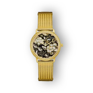 Arany színű Guess óra fekete számlappal és virágmintával, finom pánttal, elegáns megjelenés.