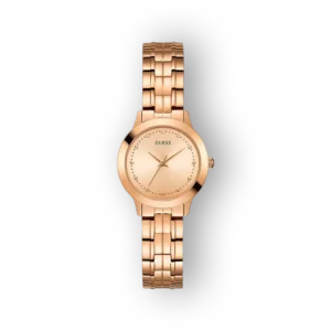 Rózsaszín arany Guess karóra elegáns, minimalista stílussal, számlapján diszkrét pontokkal.