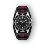 Fekete számlapos Guess karóra piros csíkkal díszített bőrszíjjal, elegáns formatervezéssel.