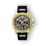 Guess W1132G1 aranyszínű karóra fekete szilikon szíjjal, csillogó kristályokkal díszítve.