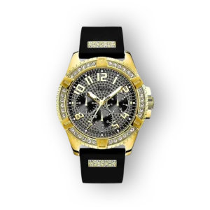 Guess W1132G1 aranyszínű karóra fekete szilikon szíjjal, csillogó kristályokkal díszítve.