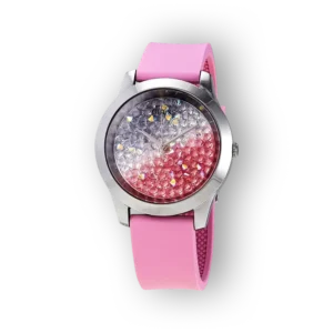 Pinker szíjjal rendelkező Guess karóra, csillogó díszítéssel a számlapon, elegáns és trendi megjelenéssel.