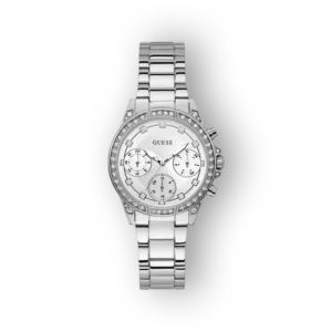 Ezüst színű Guess karóra, három analóg számlappal és csillogó díszítéssel.