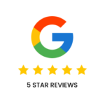 Öt csillagos Google értékelések logója színes körben, alatta a '5 STAR REVIEWS' felirattal.